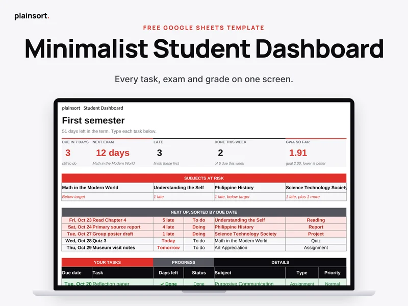 Minimalist Student Dashboard template preview